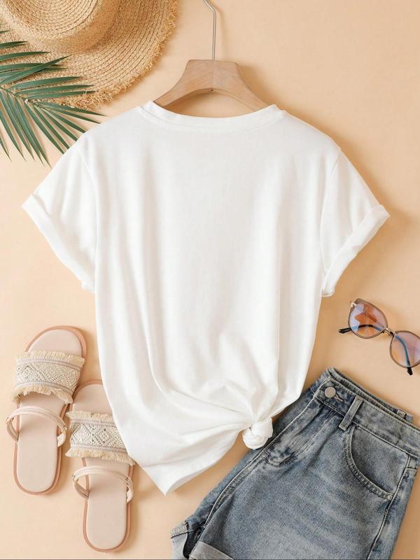 Women's Cartoon Goose & Letter Print Round Neck Tee, Summer Clothes Women, Casual Graphic Crew Neck Short Sleeve T-shirt for Summer, Women's Top for Daily Wear