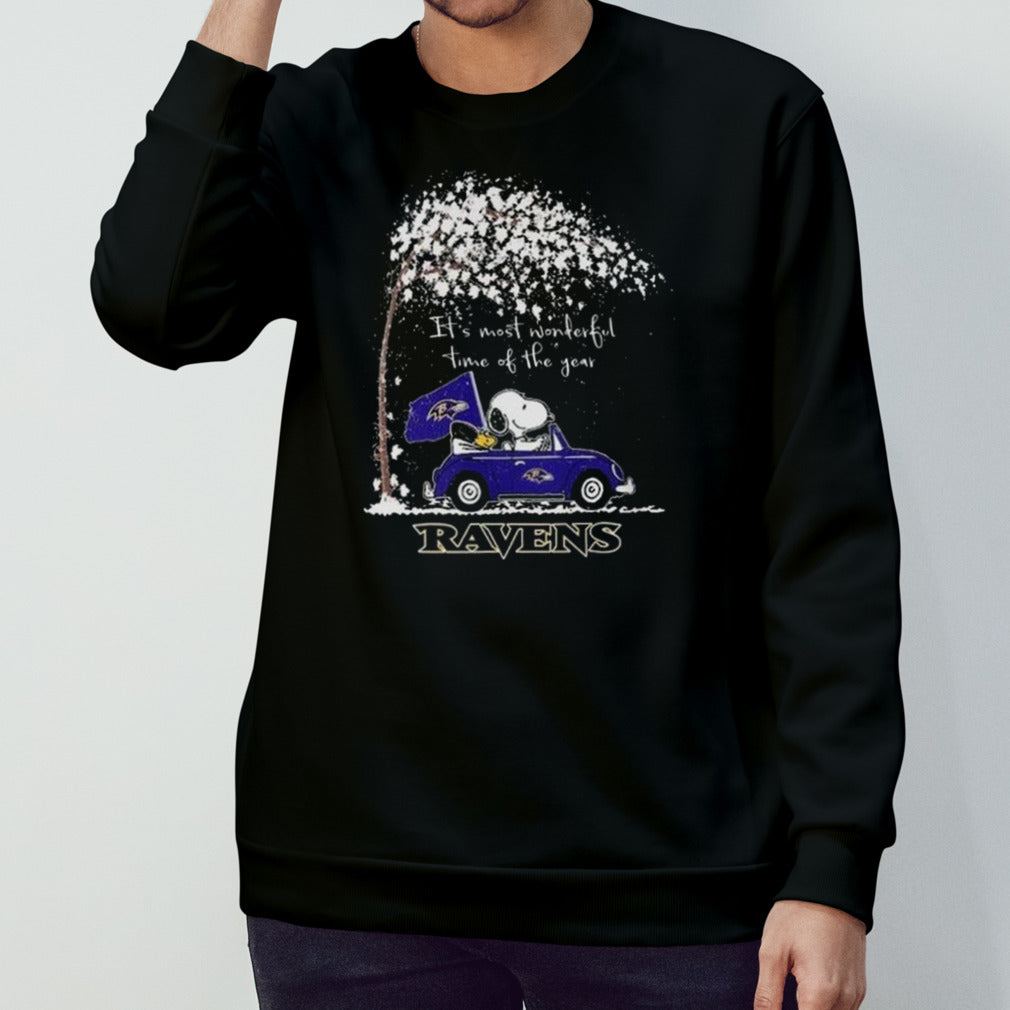 Baltimore Ravens Snoopy And Woodstock Driving Car Its’s Most Wonderful Time Of The Year Bearss