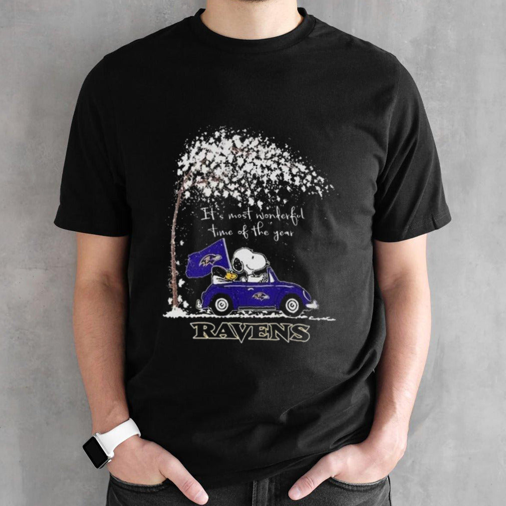 Baltimore Ravens Snoopy And Woodstock Driving Car Its’s Most Wonderful Time Of The Year Bearss