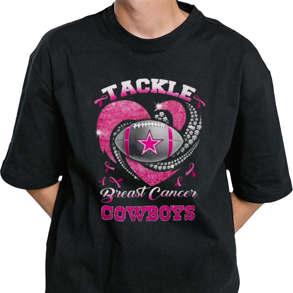Dallas Cowboys Team Football Tackle Breast Cancer Pink Heart T-shirt