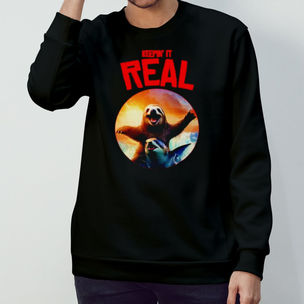 Keepins’ it real sloth riding shark shirts