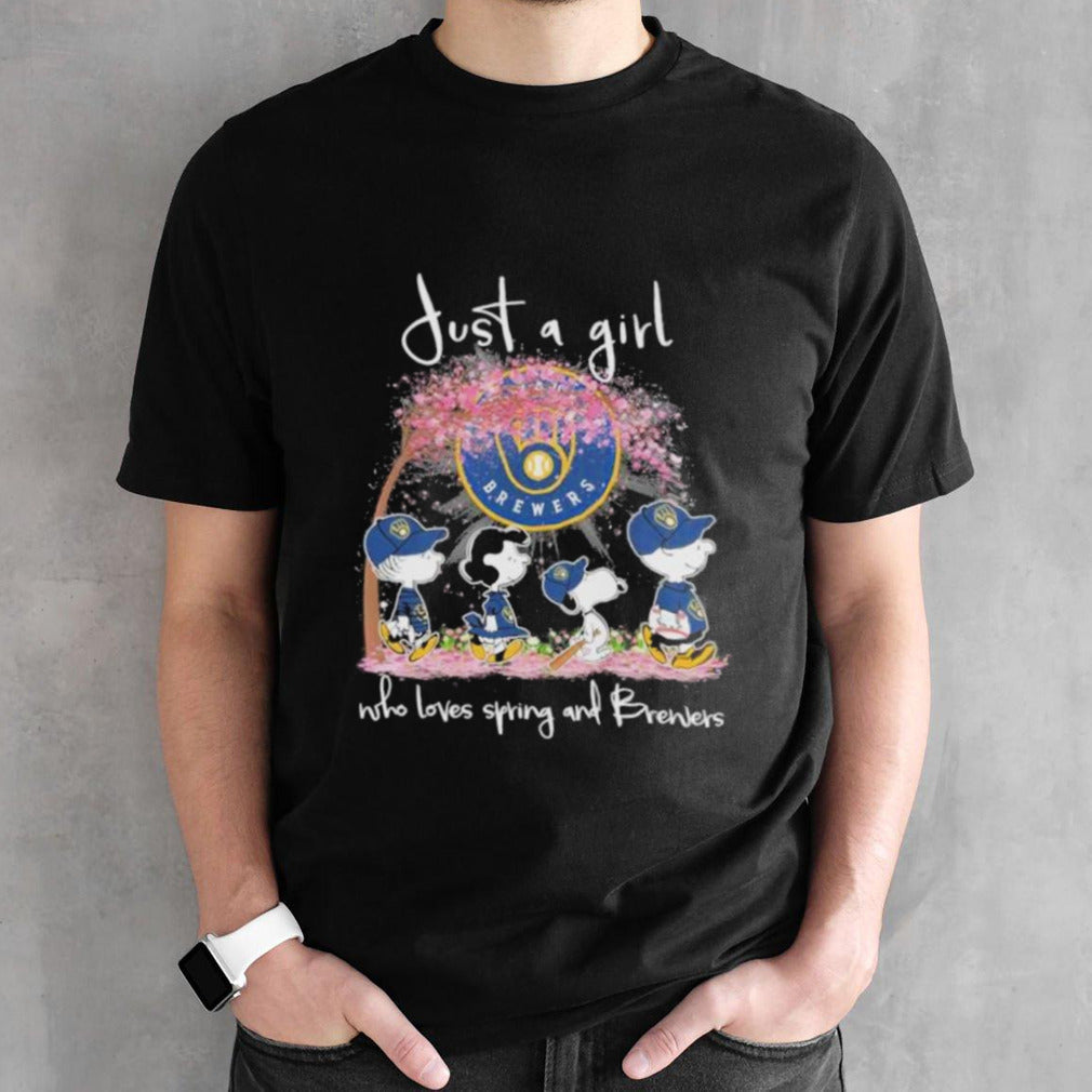 Official Peanuts Characters Walking Just A Girl Who Loves Spring And Milwaukee Brewers Shirt