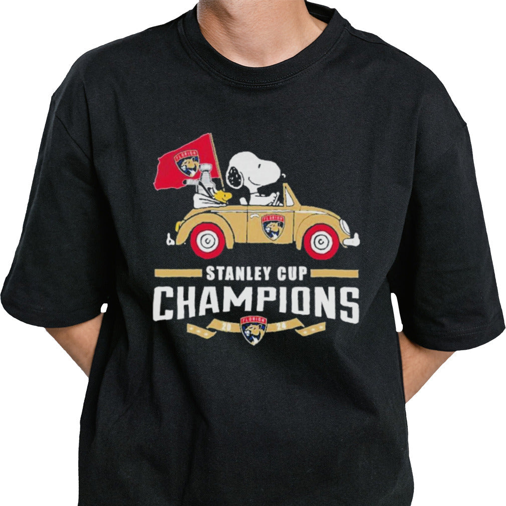 Peanuts Snoopy And Woodstock On Car Florida Panthers Stanley Cup 2024 Champions shirt