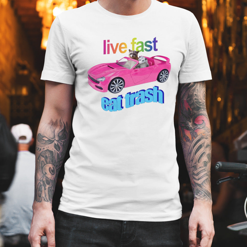 Raccoon vs possum riding pink car live fast eat trash shirt