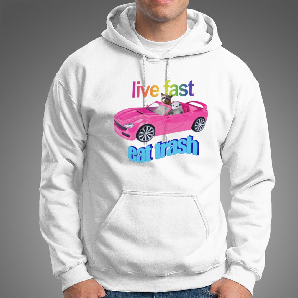 Raccoon vs possum riding pink car live fast eat trash shirt