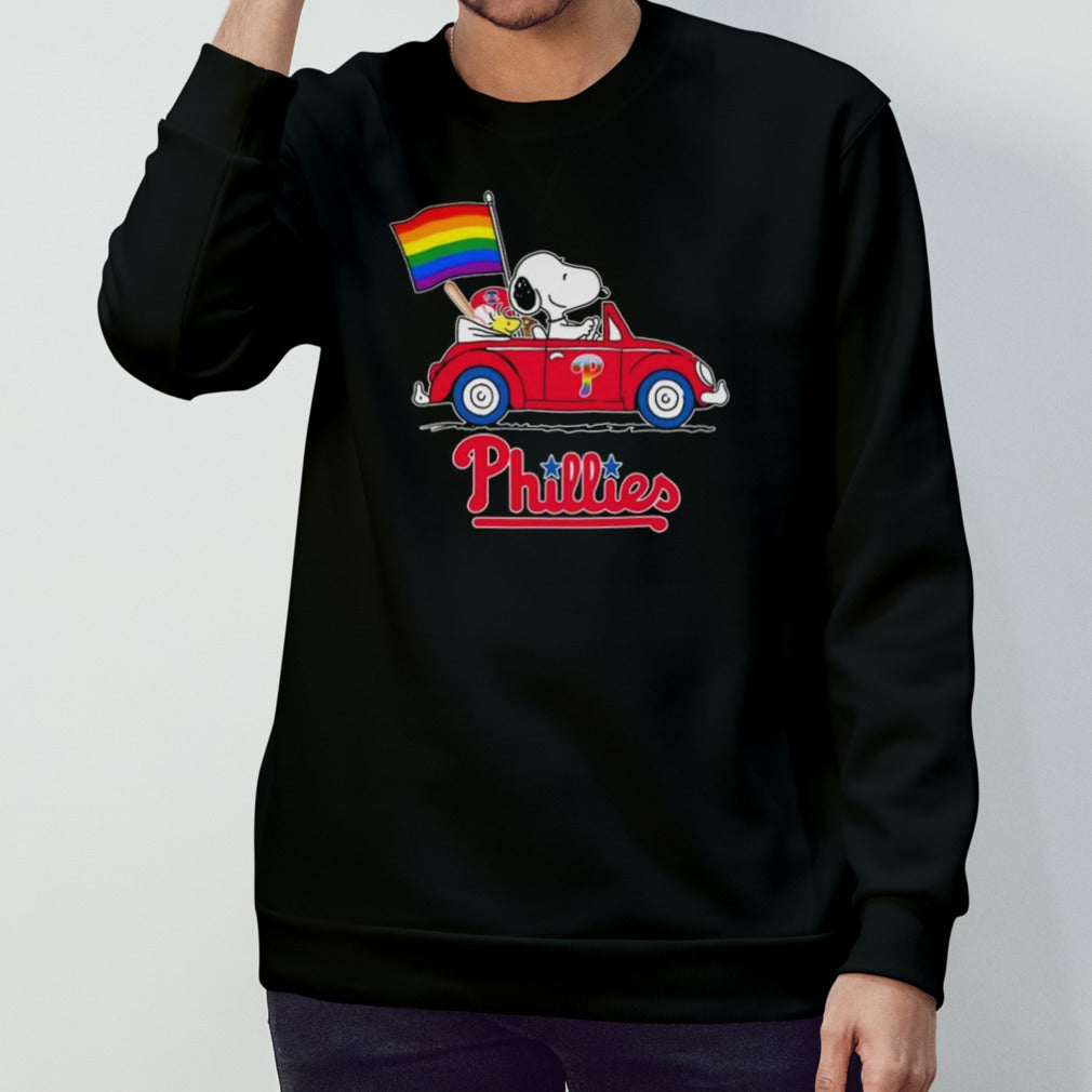 Snoopy And Woodstock Driving Car Philadelphia Phillies Pride Flag T-shirt