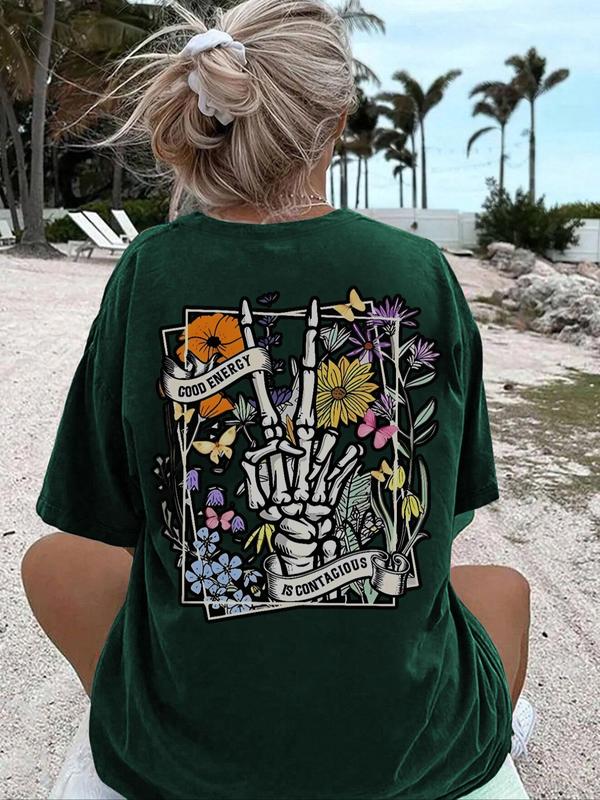 Women's Letter & Skull Print Drop Shoulder Tee, Back To School Outfits, Casual Round Neck Half Sleeve T-Shirt for Daily Vacation Outdoor, Ladies Summe