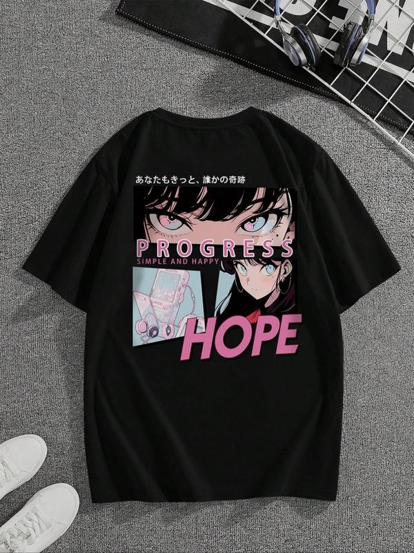 Men's Letter & Anime Cartoon Figure Print Drop Shoulder Tee, Regular Fit Casual Short Sleeve Round Neck T-Shirt for Summer, Men's Streetwear Top for Daily Wear, Graphic Tees, Summer Clothes