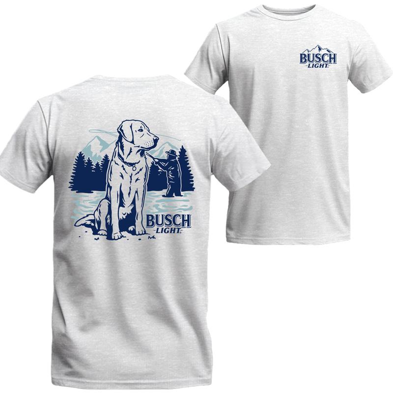 Busch Light - Fly Fishing with Dog scene T-Shirt, Busch Light Short Sleeve Tee, Unisex Shirt