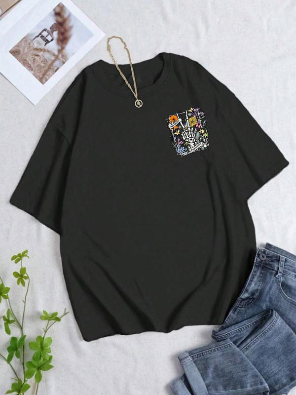 Women's Letter & Skull Print Drop Shoulder Tee, Back To School Outfits, Casual Round Neck Half Sleeve T-Shirt for Daily Vacation Outdoor, Ladies Summe