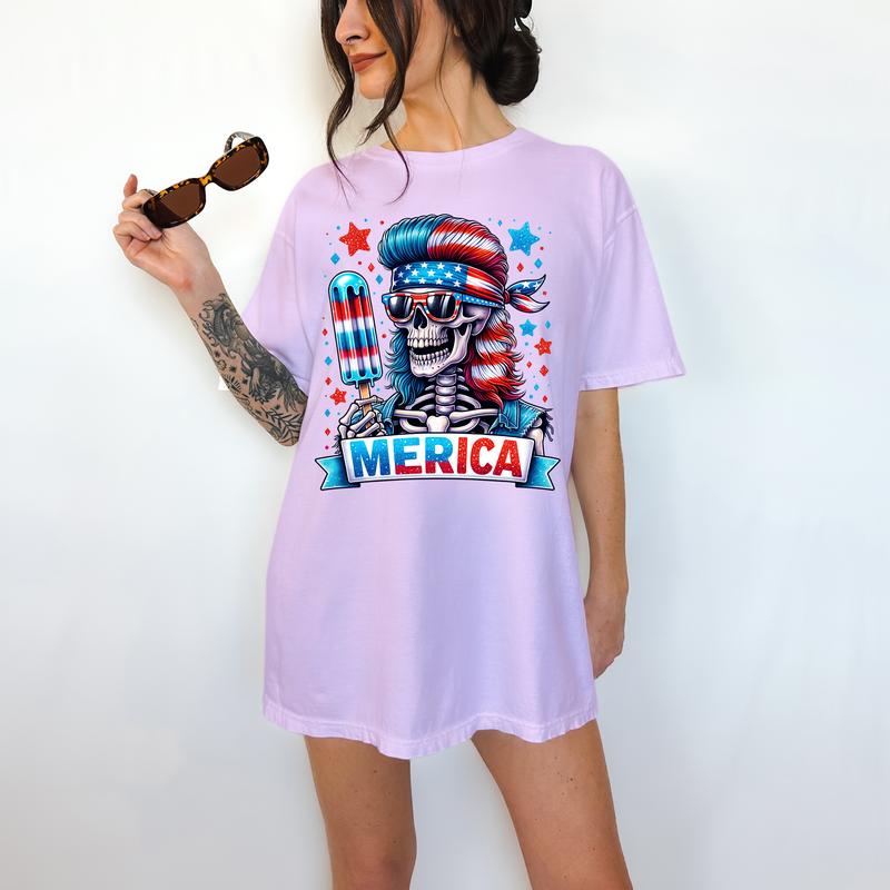 Merica' - T-Shirt, Funny Tee, Patriotic, Summer, Fourth of July, Skeleton,Bright Graphic, Funny Apparel, Gift Idea, Relaxed Fit, Casual Apparel, Cute