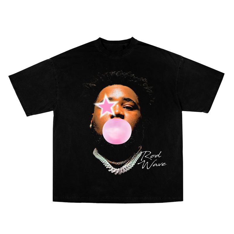 Rod Wave Pink Bubble Gum Star Shirt Rapper Hip Hop Signature Big Face Graphic Fashion Cotton Menswear