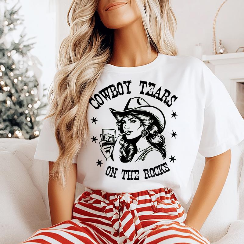 Cowboy Tears on the Rocks- T-Shirt - Print is Sublimation, Unisex T-Shirt, Funny Tee,Gift Idea, Relaxed Fit, Casual Apparel, Great with Jeans, Womens