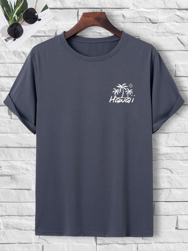 Men's Regular Fit Graphic Print Round Neck Knit Tee, Summer Clothes, Streetwear Guys Hawaiian Tropical & Letter Graphic Short Sleeve Crewneck T-Shirt,