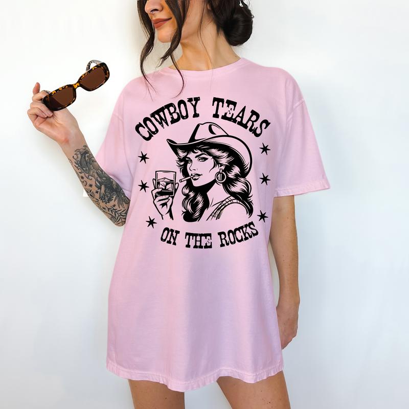 Cowboy Tears on the Rocks- T-Shirt - Print is Sublimation, Unisex T-Shirt, Funny Tee,Gift Idea, Relaxed Fit, Casual Apparel, Great with Jeans, Womens