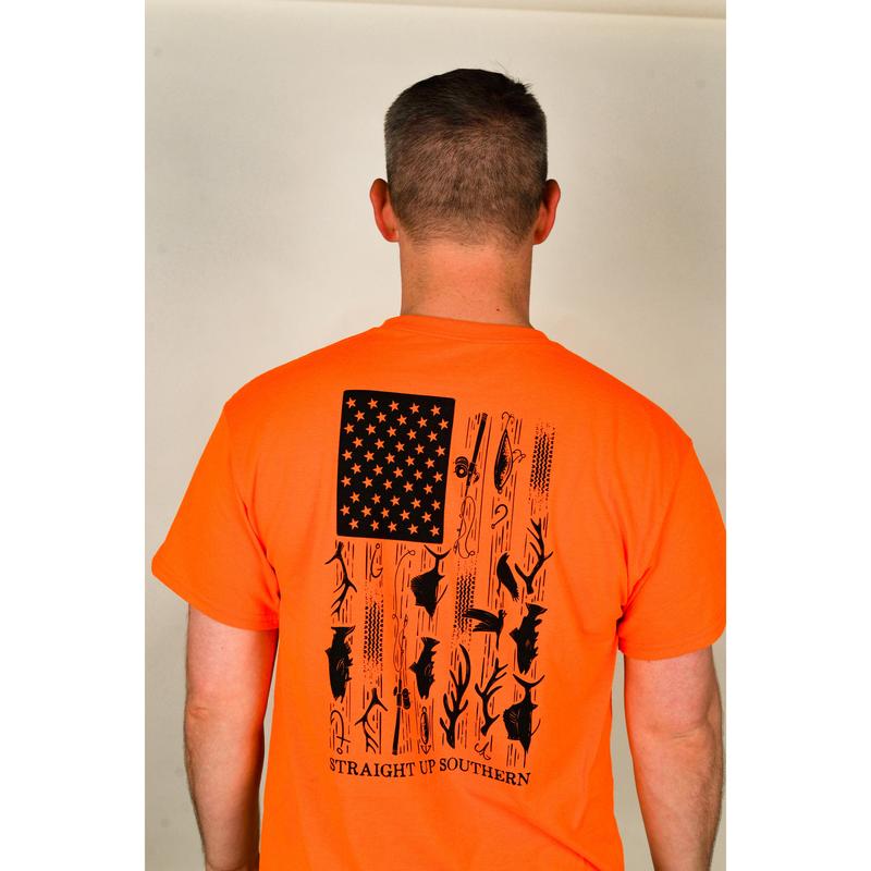 Hunt Fish Flag - American Flag with Hunting and Fishing Icons on Safety Orange T-Shirt