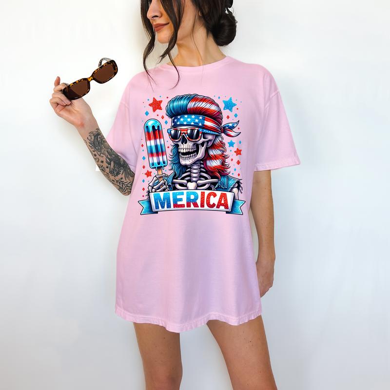Merica' - T-Shirt, Funny Tee, Patriotic, Summer, Fourth of July, Skeleton,Bright Graphic, Funny Apparel, Gift Idea, Relaxed Fit, Casual Apparel, Cute
