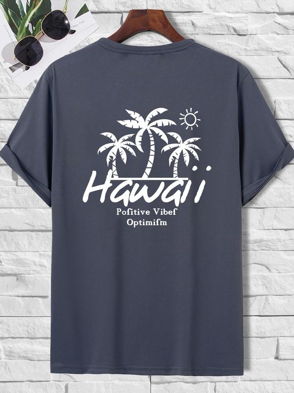 Men's Regular Fit Graphic Print Round Neck Knit Tee, Summer Clothes, Streetwear Guys Hawaiian Tropical & Letter Graphic Short Sleeve Crewneck T-Shirt,
