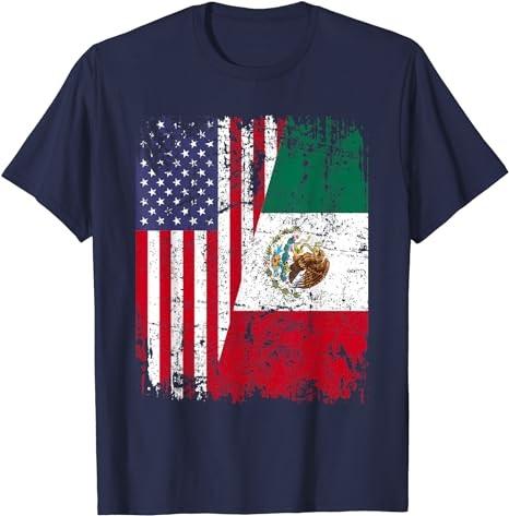 MEXICAN ROOTS Half American Flag MEXICO T-Shirt