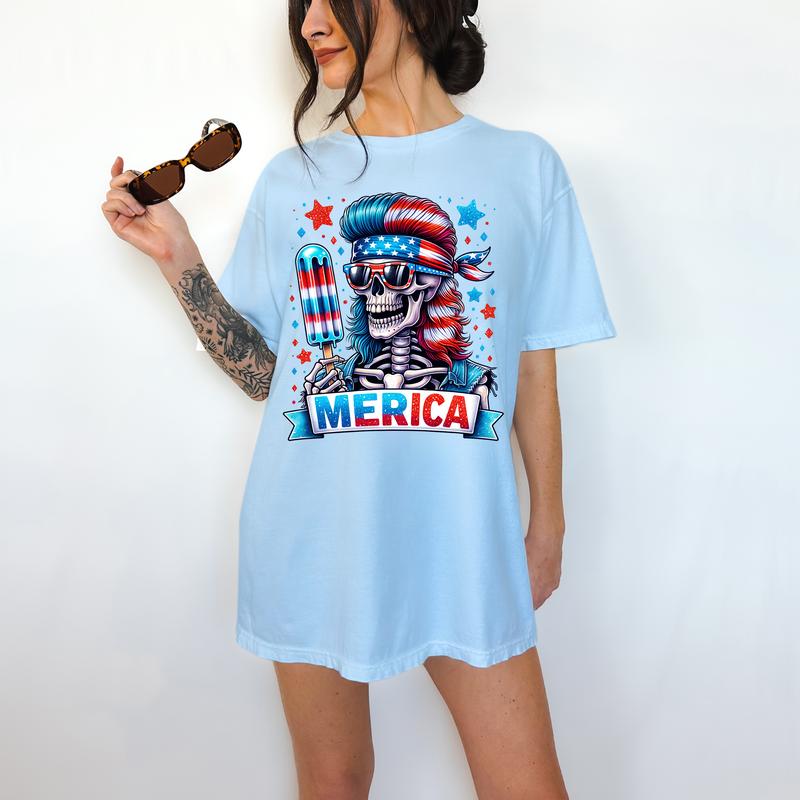 Merica' - T-Shirt, Funny Tee, Patriotic, Summer, Fourth of July, Skeleton,Bright Graphic, Funny Apparel, Gift Idea, Relaxed Fit, Casual Apparel, Cute