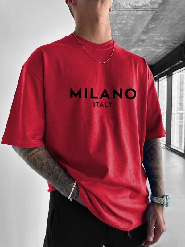 Men's Letter Print Round Neck Tee, Regular Fit Casual Comfy Streetwear Drop Shoulder Short Sleeve T-shirt for Daily Wear, Graphic Tees, Men's Summer Clothes