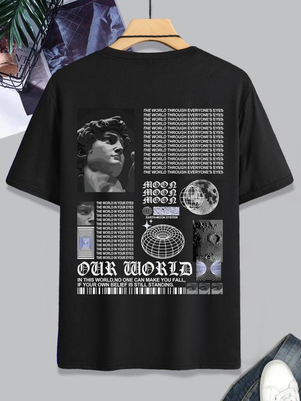 Men's Thin Letter & Graphic Round Neck Tee, Fashion Casual Vintage Regular Fit Vintage Sculpture Print Short Sleeve T-Shirt, Streetwear, Graphic Tees,