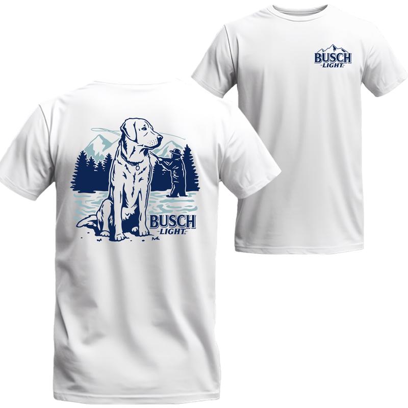 Busch Light - Fly Fishing with Dog scene T-Shirt, Busch Light Short Sleeve Tee, Unisex Shirt