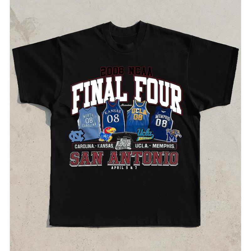 Vintage 2008 NCAA Final Four San Antonio T-Shirt Carolina Kansas UCLA Memphis Top Unisex Cotton Menswear Retro football fan Tshirt Streetwear