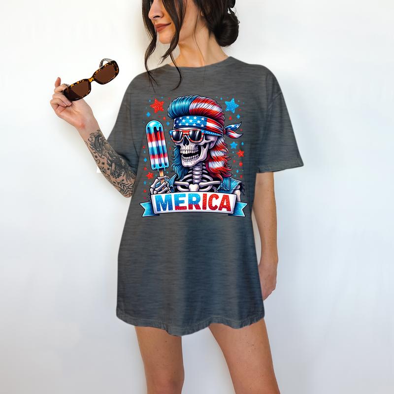 Merica' - T-Shirt, Funny Tee, Patriotic, Summer, Fourth of July, Skeleton,Bright Graphic, Funny Apparel, Gift Idea, Relaxed Fit, Casual Apparel, Cute