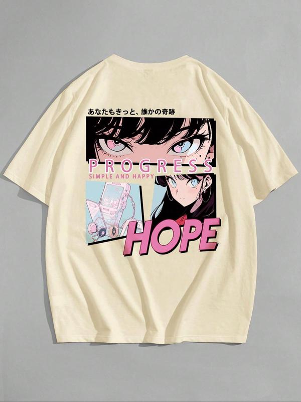 Men's Letter & Anime Cartoon Figure Print Drop Shoulder Tee, Regular Fit Casual Short Sleeve Round Neck T-Shirt for Summer, Men's Streetwear Top for Daily Wear, Graphic Tees, Summer Clothes