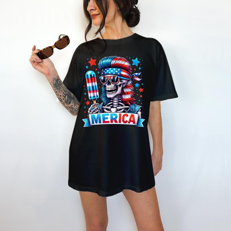 Merica' - T-Shirt, Funny Tee, Patriotic, Summer, Fourth of July, Skeleton,Bright Graphic, Funny Apparel, Gift Idea, Relaxed Fit, Casual Apparel, Cute