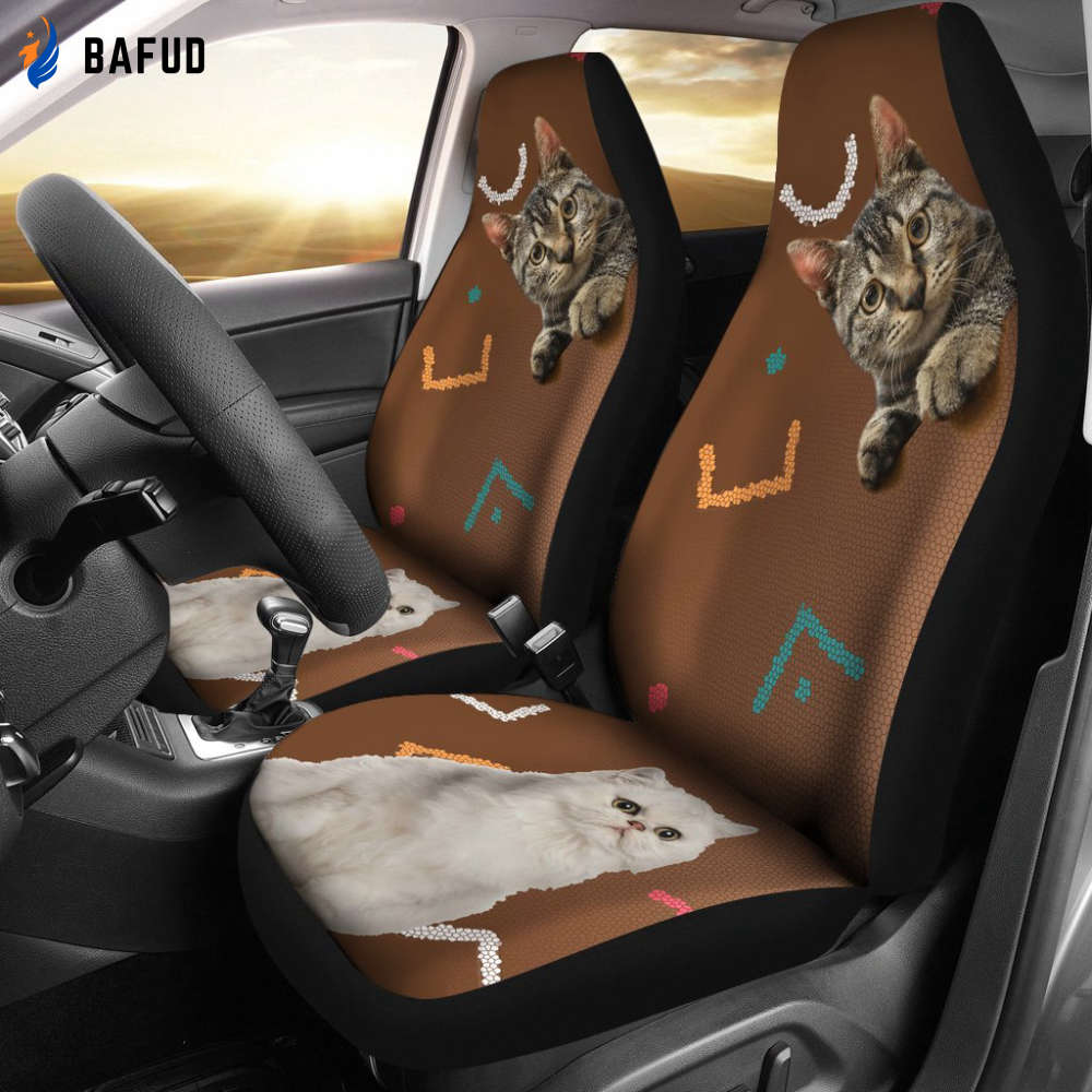 Funny Grey And White Cats Car Seat Covers For Fan Gifts Cat Lovers - Bafud
