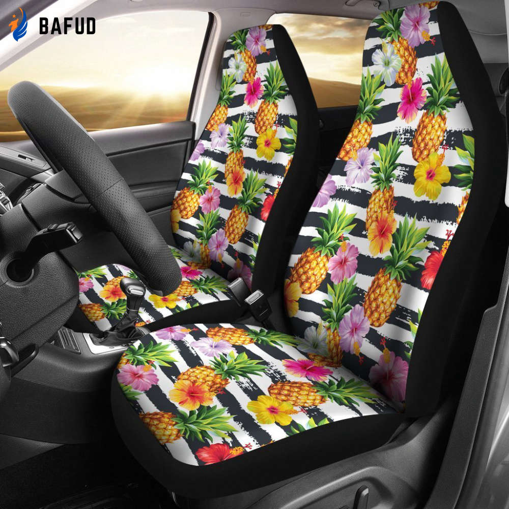 Pineapple And Hibiscus Pattern Car Seat Covers For Fan Gifts - AH - K5 - Bafud