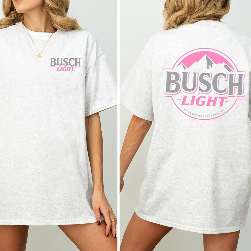 Women's Busch Light Shirt 2-Sided, Pink Logo Busch Light Tee, Summer Drink Graphic Printed Tshirt, Drink Tee for Girls, Drinking T-shirt, Soft Cotton Fabric T-shirt, Women's Top, Casual Womenswear