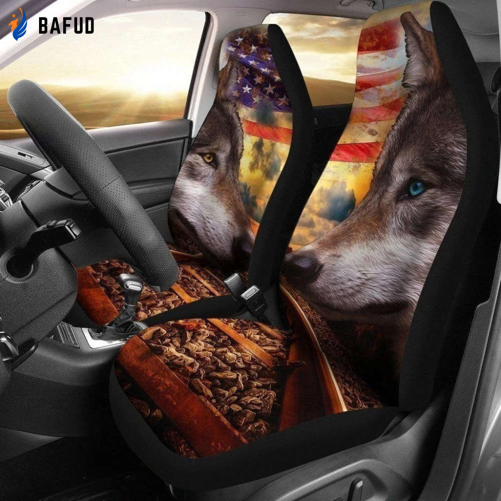 Wolf Car Seat Covers For Fan Gifts Custom US Flag Car Decoration Accessories - Bafud