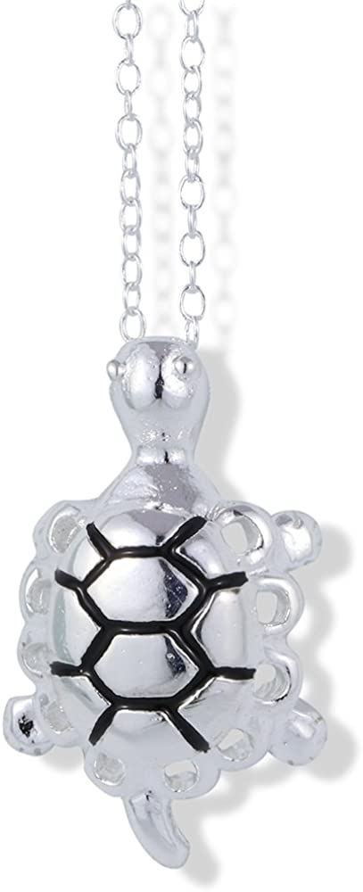 Emerald Park Jewelry Silver Coloured Turtle with Black Lines Holes on Outer Shell Charm Chain Necklace