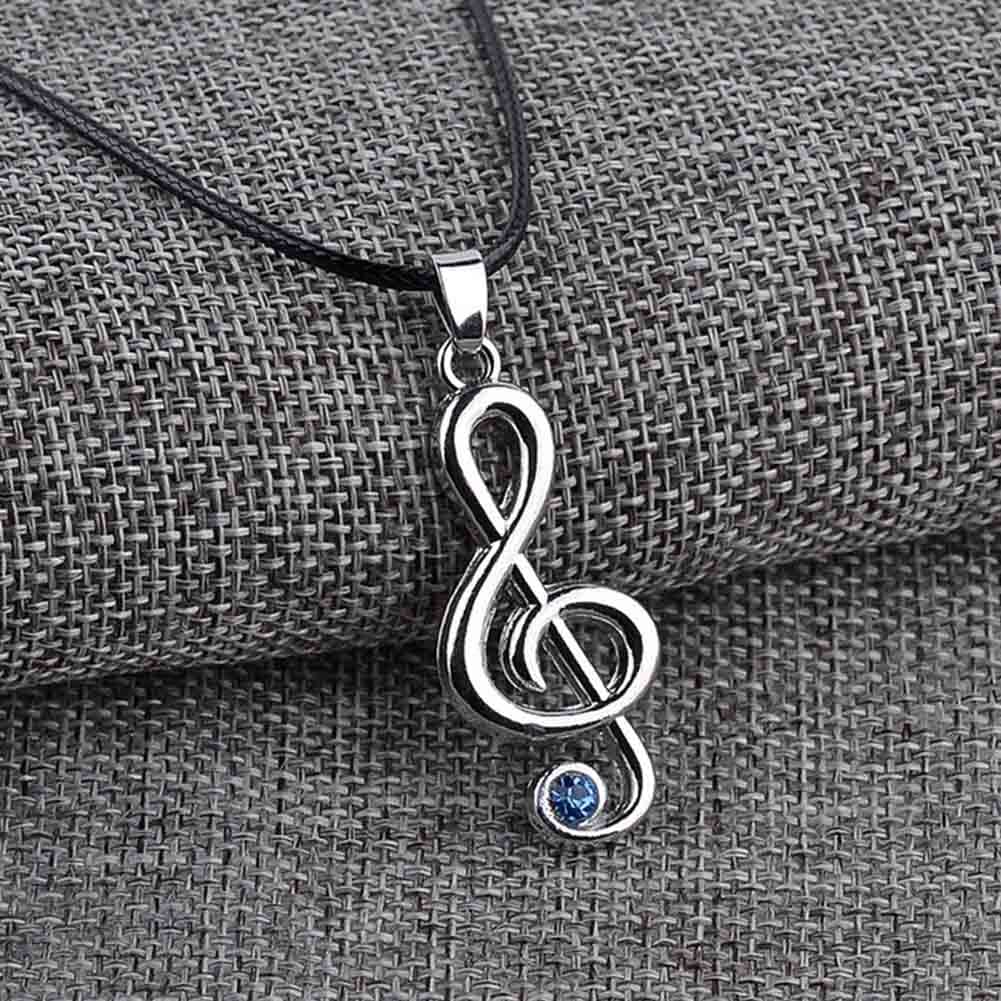 EPJ Treble Clef with Blue Rhinestone on Black Round Rope Necklace