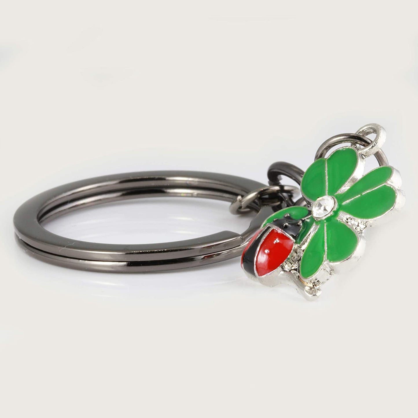 Ladybug Gifts | Ladybug Key Chain of a Lady Bug on a Four Leaf Clover Lucky Keychain 1 inch diameter Black Key Chain with Black Chain to the Ladybug Charm on a Four Leaf Clover with Rhinestone Center