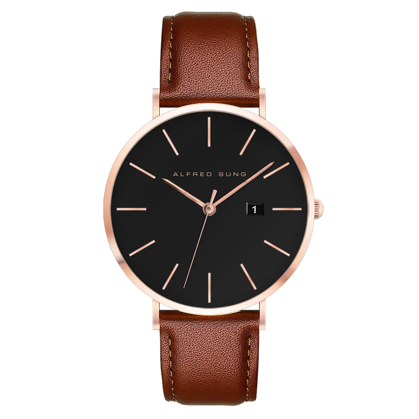 Alfred Sung Metropolitan Date Black Dial Brown Leather strap watch