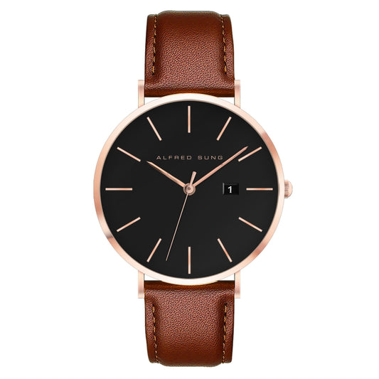 Alfred Sung Metropolitan Date Black Dial Brown Leather strap watch