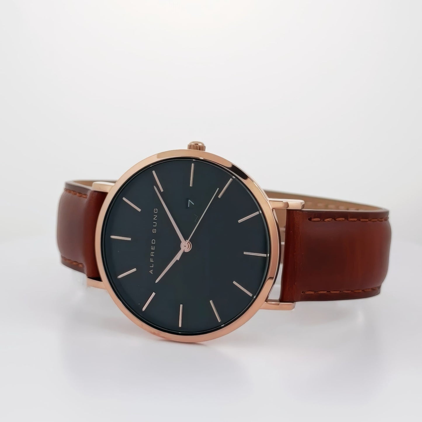 Alfred Sung Metropolitan Date Black Dial Brown Leather strap watch