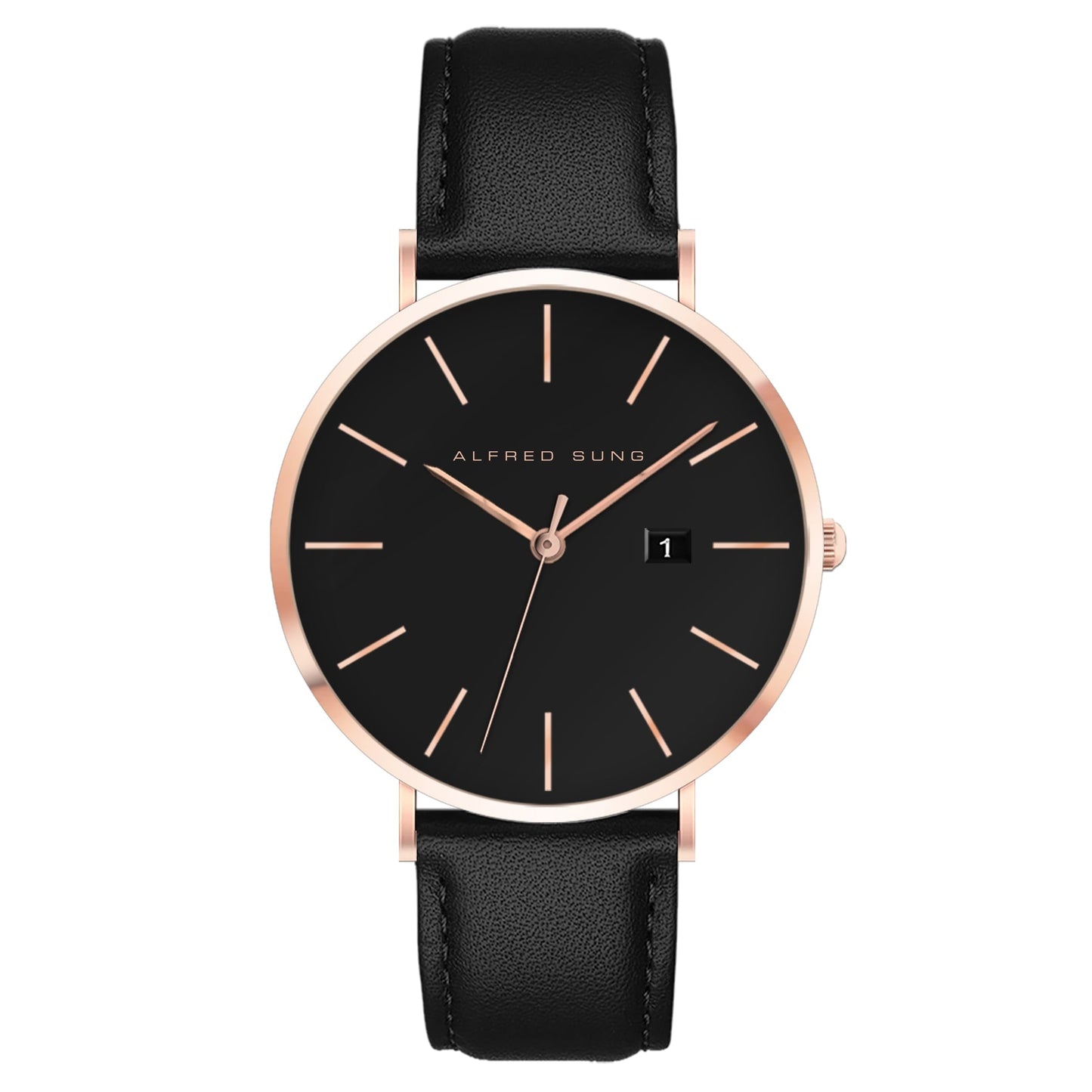 Alfred Sung Metropolitan Date Black Dial Black Leather strap watch