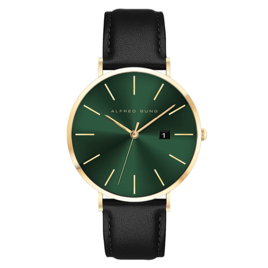 Alfred Sung Metropolitan Date Green Dial Black Leather Strap watch