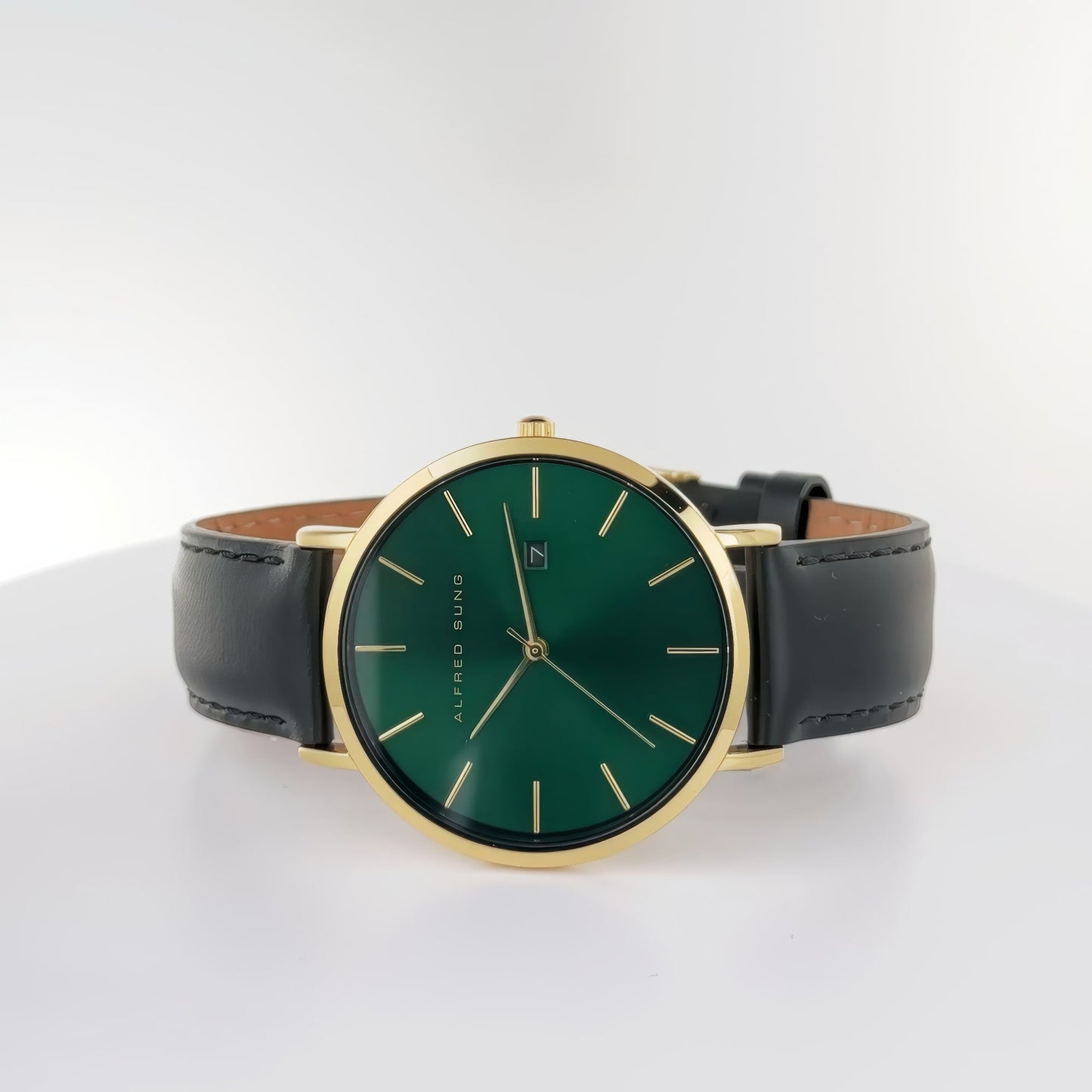 Alfred Sung Metropolitan Date Green Dial Black Leather Strap watch