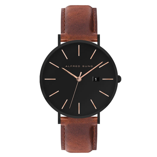 Alfred Sung Metropolitan Date Black Dial & Case Leather strap watch