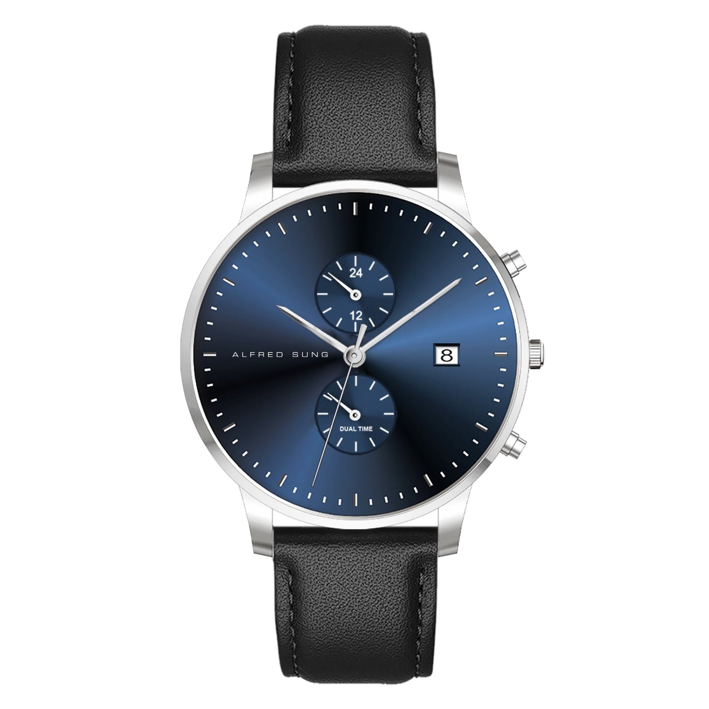 Alfred Sung Dual Time with Date Blue Dial Black Leather Strap watch