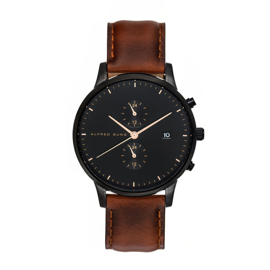 Alfred Sung Dual Time with Date Black Dial Brown Leather Strap watch