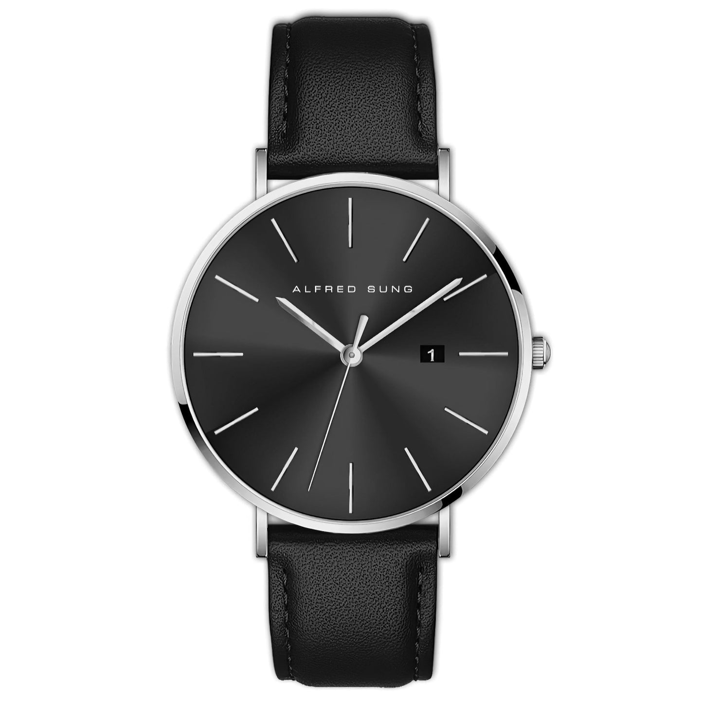 Alfred Sung Metropolitan Date Black Dial Silver Case Leather strap watch