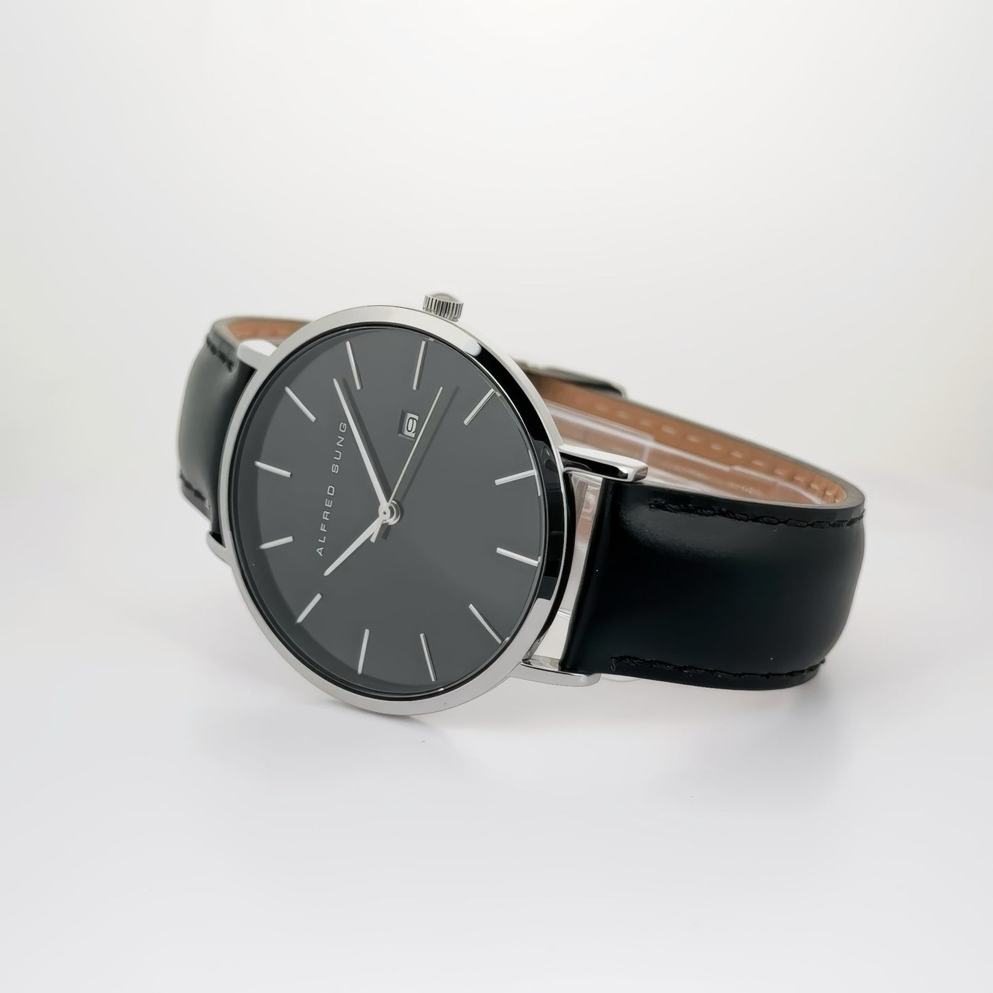 Alfred Sung Metropolitan Date Black Dial Silver Case Leather strap watch