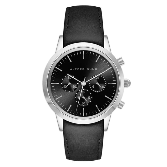 Alfred Sung Chronograph Black Sunray Dial BlackLeather Strap Men's watch